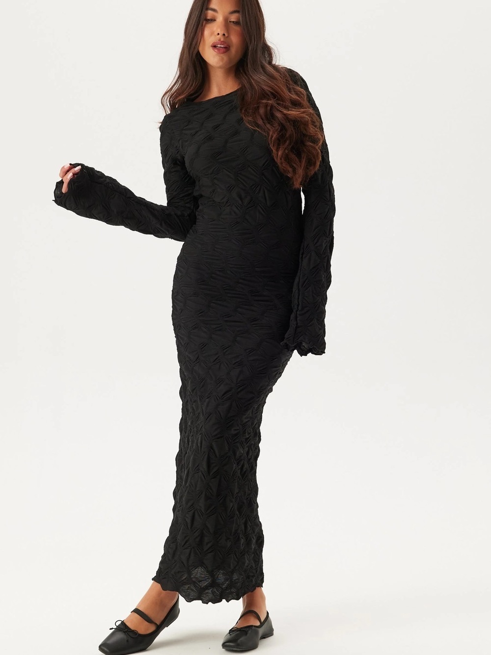See You Monday Black Textured Long-Sleeve Maxi Dress​​